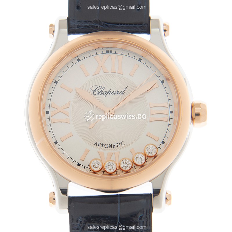 Chopard Happy Sport 278608-6001 Replica - Automatic - Rose Gold & Steel - Silver Dial - Leather Blue Strap